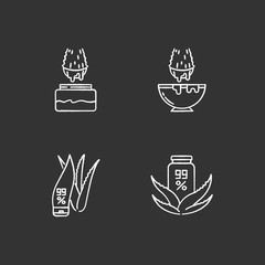 Aloe vera chalk white icons set on black background. Juice from cut succulent leaf. Liquid from sliced cactus thorn. Pure plant based cosmetic products. Isolated vector chalkboard illustrations