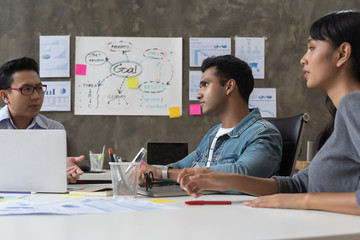 Business people are working on laptop at creative office workplace. Asian creative team meeting and working design planning ideas concept