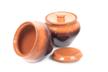brown ceramic pots on white isolated background