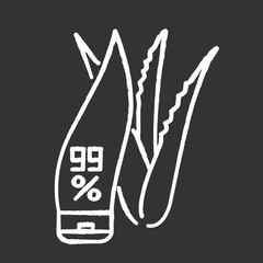 Pure organic cream chalk white icon on black background. Lotion in tube with aloe vera. Cosmetic with medicinal herbs. Plant based product for skincare. Isolated vector chalkboard illustration