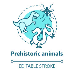 Prehistoric animals concept icon. Paleontological researching. Study of extinct and mythical animals. Evolution theory Vector isolated outline RGB color drawing. Editable stroke