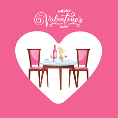 Happy valentines day restaurant table with heart. Flat vector illustration design with hand lettering for invitation cards