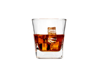 Glass of whiskey with ice or brandy isolated on a white background. Whiskey with ice in a glass against a white background.