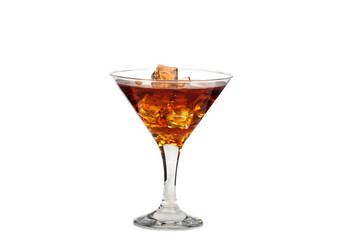 Glass of whiskey with ice or brandy isolated on a white background. Whiskey with ice in a glass against a white background.