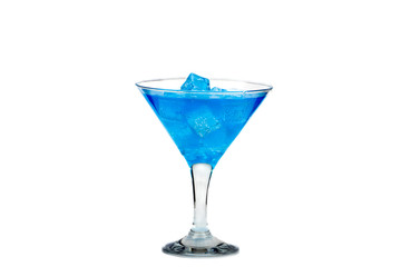 Blue cocktail in a glass for martini with ice isolated on a white background. Blue cocktail with martini on a white background.