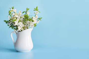 Naklejka na ściany i meble Bouquet of cherry blossom branch in vase on blue.