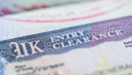 Close up macro of United Kingdom Entry Clearance visa header in passport
