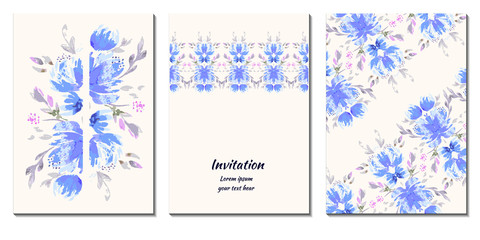 Vector Set of 3 Romantic  abstract flower backgrounds in blue and white colors. Ideal for Wedding invitation, birthday card or any porpoise.