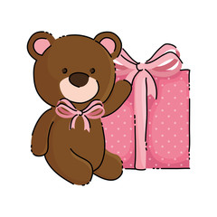 cute teddy bear with gift box isolated icon
