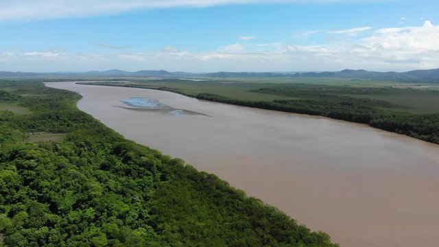 Aerial shot of river Tempisque and Palo Verde National Park, shot at Puente de La Amistad de Taiw&aacute;n (Taiwan friendship bridge). Guanacaste, Costa Rica.