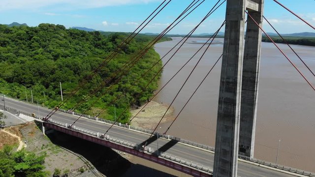 Aerial shot of the Puente de La Amistad de Taiw&aacute;n (Taiwan friendship bridge). Closeup shot of bridge. Guanacaste, Costa Rica.