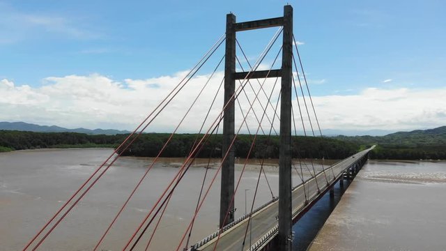 Aerial shot of the Puente de La Amistad de Taiw&aacute;n (Taiwan friendship bridge). Flying sidewards at west side of bridge. Guanacaste, Costa Rica.