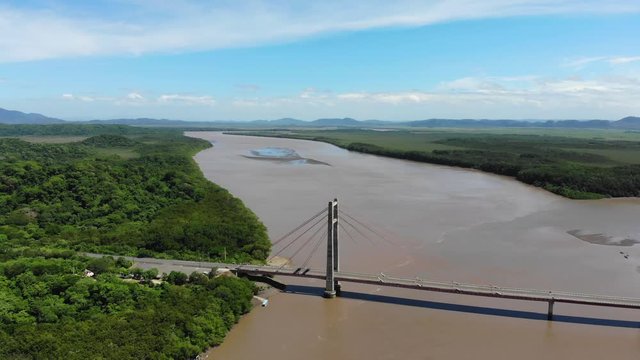 Aerial shot of the Puente de La Amistad de Taiw&aacute;n (Taiwan friendship bridge). Overview shot of bridge. Guanacaste, Costa Rica.