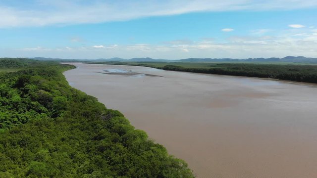 Aerial shot of river Tempisque and Palo Verde National Park, shot at Puente de La Amistad de Taiw&aacute;n (Taiwan friendship bridge). Guanacaste, Costa Rica.