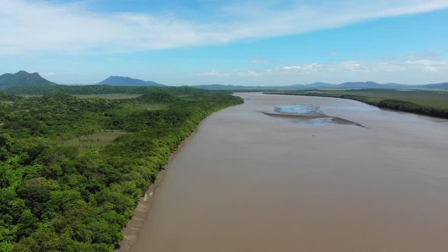 Aerial shot of river Tempisque and Palo Verde National Park, shot at Puente de La Amistad de Taiw&aacute;n (Taiwan friendship bridge). Guanacaste, Costa Rica.
