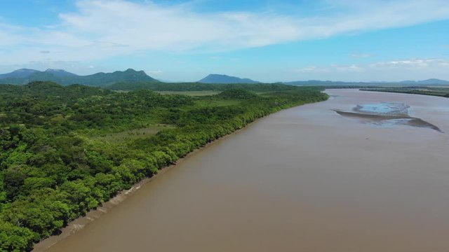 Aerial shot of river Tempisque and Palo Verde National Park, shot at Puente de La Amistad de Taiw&aacute;n (Taiwan friendship bridge). Guanacaste, Costa Rica.