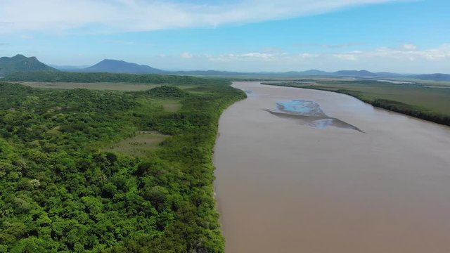 Aerial shot of river Tempisque and Palo Verde National Park, shot at Puente de La Amistad de Taiw&aacute;n (Taiwan friendship bridge). Guanacaste, Costa Rica.