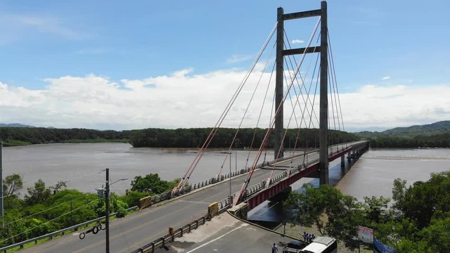 Aerial shot of the Puente de La Amistad de Taiw&aacute;n (Taiwan friendship bridge). Starting from car park at west side of bridge, approaching bridge. Guanacaste, Costa Rica.