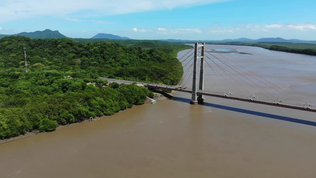 Aerial shot of the Puente de La Amistad de Taiw&aacute;n (Taiwan friendship bridge). Overview shot, approaching bridge. Guanacaste, Costa Rica.