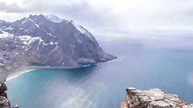 Time-lapse of Kvalvika Beach at the Lofoten Mountains from Ryten Hiking Path
