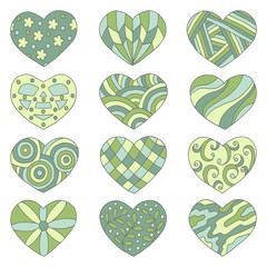 Vector set of abstract hand drawn green hearts for Valentine's day