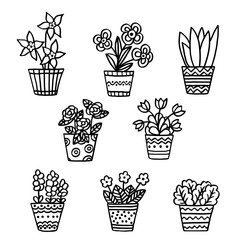 Set with hand-drawn pots with indoor plants, coloring page