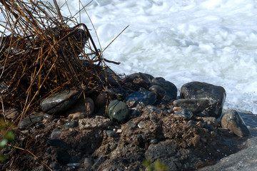 Stones on mountain river bank