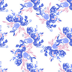 Fototapeta premium Blue floral background. Vector glitter textured seamless pattern with flowers bouquet