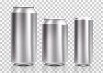 Realistic metal cans. Aluminum bear soda and lemonade cans with water drops, energy drink blank mockup. Isolated set canned beverages with water condensation on transparent background. Vector