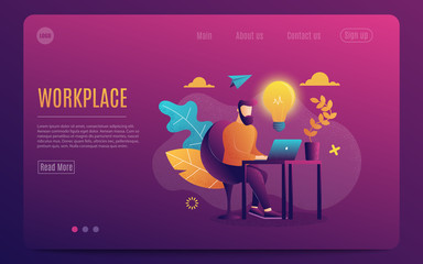 A man at work. Working at a laptop. Flat Colorful style.Workplace. Web page template. Violet Background. Vector illustration