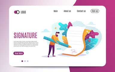 Electronic signature. Signature of business contract with an e-signature on device. Flat Colorful style. Web template page with shadow. Vector illustration