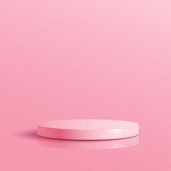 Pink round podium. Pedestal in pastel colored room with spot lights scene. Vector illustration