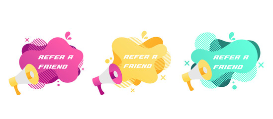 Refer a friend set of marketing design badges with loudspeaker. Advertising concept. Vector illustration isolated on white background