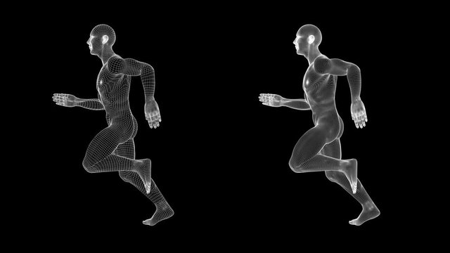 Slow motion (half-speed) stylized running male. Use screen mode to remove background. Two wireframe mesh densities. Seamless loop.