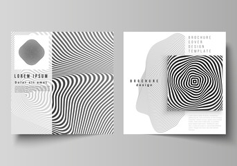 The minimal vector layout of two square format covers design templates for brochure, flyer, magazine. Abstract 3D geometrical background with optical illusion black and white design pattern.