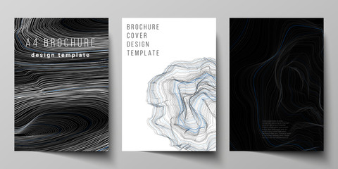 The vector layout of A4 format modern cover mockups design templates for brochure, magazine, flyer, booklet, annual report. Smooth smoke wave, hi-tech concept black color techno background.