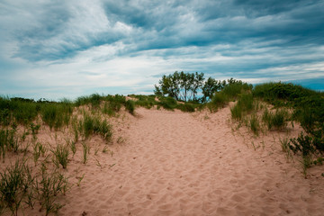 Landscape shot of the climb up the Sleeping Bear Dunes