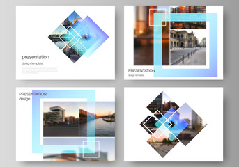 Naklejka premium The minimalistic abstract vector illustration of the editable layout of the presentation slides design business templates. Creative trendy style mockups, blue color trendy design backgrounds.