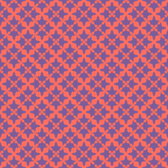 Bright colorful vector seamless pattern. Stylish abstract texture with small floral shapes, diamonds, grid, net, mesh. Background in trendy colors, living coral and purple. Simple modern repeat design