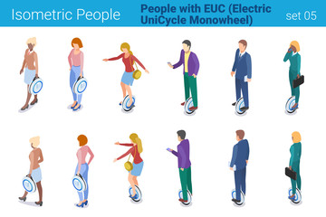 Isometric People with Electric Unicycle Monowheel flat vector collection. Men and Women ride on EUC © Sentavio