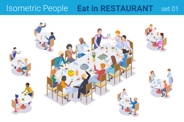 Isometric People sitting at Table Eating and Talking in Restaurant flat vector collection.