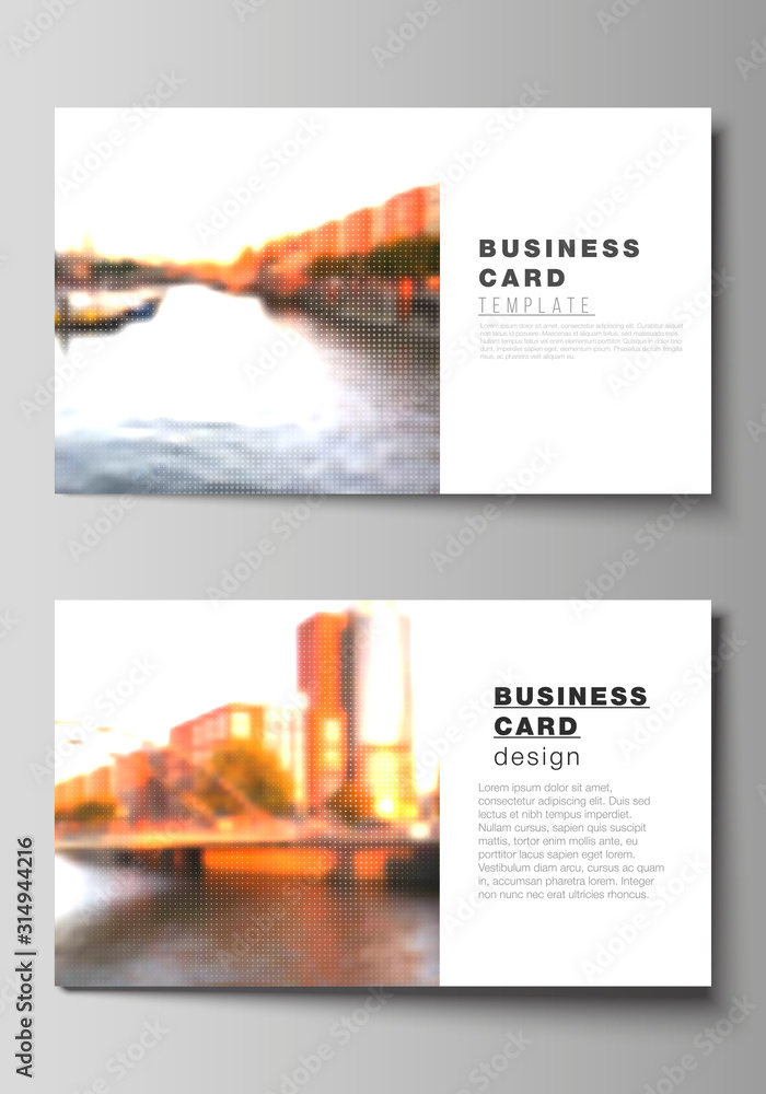 Poster Vector layout of two creative business cards design templates, horizontal template vector design. Abstract halftone effect decoration with dots. Dotted pattern decoration.