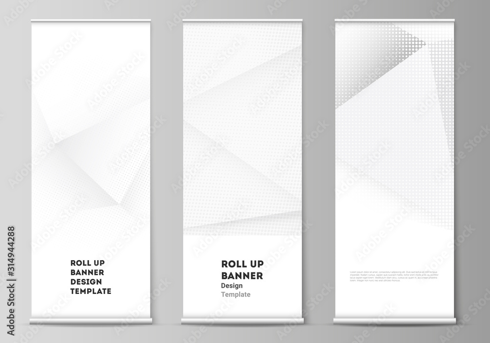 Poster vector layout of roll up mockup design templates for vertical flyers, flags design templates, banner