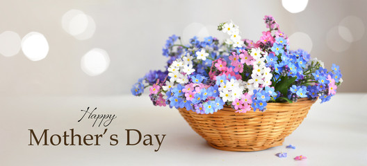 Happy Mothers Day card. Spring flowers in woven basket