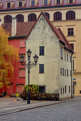 Wroclaw old town. Extraordinary medieval building. Old road paved with granite stones. Poland