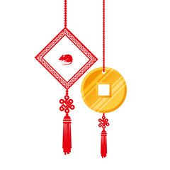 golden coin feng shui with decoration hanging isolated icon
