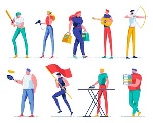 Cartoon Man and Woman in Various Life Spheres.