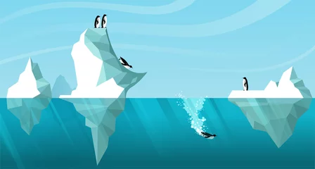 Schilderijen op glas Arctisch daglandschap met witte ijsbergen die in de oceaan drijven. Pinguïns rollen als een glijbaan van een ijsberg en duiken het water in. Een pinguïn zwemt onder water. Vector. Wildlife scène © Alisa