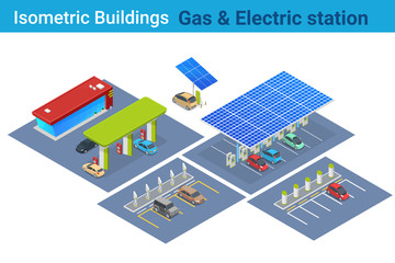 Isometric electric car charging and gas station flat vector collection