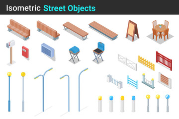 Isometric Street objects flat vector collection: Bench, Fence, Grill, Table, Chair, Mailbox, Lantern set.